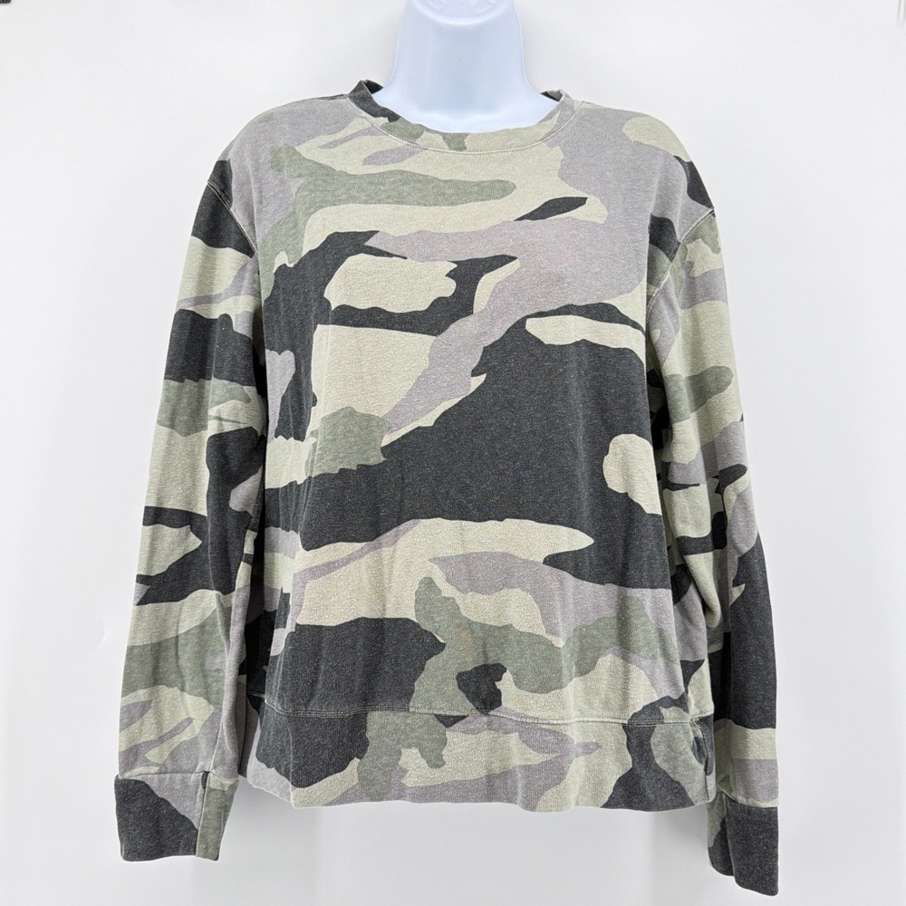 MONROW Camo Pullover Sweatshirt Medium Green Gray French Terry Made in USA EUC